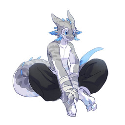 anthro bandage bandaged_arm black_bottomwear black_clothing black_pants blue_eyes bottomwear claws closed_smile clothed clothing front_view glistening glistening_eyes grey_body grey_tail male mouth_closed pants simple_background sitting smile solo tail topless unsigned white_background white_body white_tail asnnonaka qi_(asnnonaka) 1:1 full-length_portrait hi_res portrait