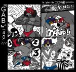 5_fingers abs anthro bear biceps black_border bodily_fluids boots border bulge canid canine canis clothed clothing comic cutaway cute_fangs domestic_dog electronics emanata fangs fingers footwear fully_clothed gab_(comic) gabshiba group inside leg_grab male mammal mask microphone muscular muscular_male navel nipples open_mouth partially_colored pecs pink_tongue pit_bull ruff_bull shirt shoes standing sweat tank_top teeth tongue topless topwear wolf wrestling