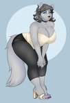 anthro bent_over big_breasts breasts cleavage clothed clothing female footwear fur grey_body grey_fur hair high_heels mature_anthro mature_female shoes short_hair simple_background solo thick_thighs wide_hips catsmeow thea_(specterhsc) canid canine canis mammal wolf absurd_res hi_res