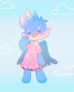 3_toes 4_fingers beak blue_body blue_feathers blue_fur blush cheek_tuft chibi clothed clothing crossdressing dress eyebrows facial_tuft feathers feet femboy fingers fur male pink_clothing pink_dress semi-anthro solo standing tan_body tan_fur toes tuft wings typhwosion friendship_is_magic hasbro my_little_pony mythology gallus_(mlp) avian gryphon mythological_avian mythological_creature digital_media_(artwork)