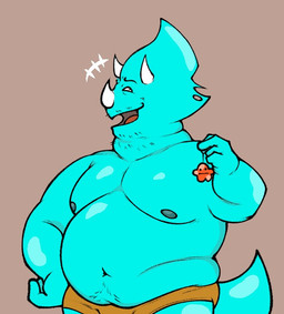 anthro blue_body boxer_briefs clothing facial_hair grey_background holding_object male overweight overweight_anthro overweight_male simple_background smile smirk solo toony underwear dsloop_25 blinkomania the_collector_(blinkomania) ceratopsian ceratopsid chasmosaurine dinosaur marginocephalian ornithischian prehistoric_species reptile scalie triceratops