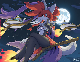 anthro biped breasts broom broom_riding cleaning_tool clothed clothing crossed_legs detailed_background female fur moon multicolored_body night outside sky solo teapot thick_thighs rilex_lenov nintendo pokemon pokemon_legends_z-a generation_9_pokemon mega_delphox mega_evolution pokemon_(species) 2025