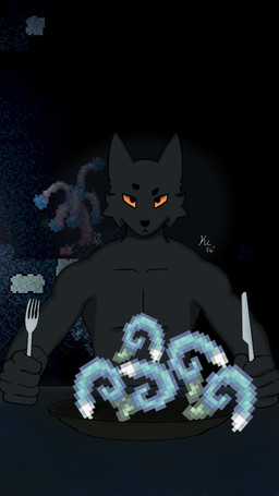 anthro bowl container cutlery dark_body dark_fur eyebrows food fork fur holding_object kitchen_utensils knife looking_at_viewer male plant raised_eyebrow screencap screencap_background solo tools killercanid casualties:_unknown canid expie_(gunsawian) gunsawian hybrid mammal rodent 9:16 hi_res meme