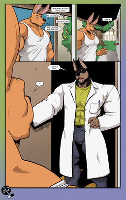 abs anthro black_body black_fur body_hair bulge clothing coat dialogue door duo exclamation_point fur grass green_clothing green_shirt green_topwear happy_trail lab_coat long_ears male muscular muscular_anthro muscular_male opening_door orange_body orange_fur password pen pink_tongue plant pointy_ears question_mark shirt smile surprised tank_top text tongue topwear tree white_clothing white_shirt white_topwear window nexus pj_(nexus) rodrigo canid canine canis dobermann domestic_dog kangaroo macropod mammal marsupial pinscher 2023 comic english_text hi_res