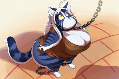 anthro big_breasts big_butt blue_body blue_fur bound breasts butt chain chained clothed clothing collar female fur hair looking_up offscreen_character pantsless shortstack shortstack_female slave solo stripes tail thick_tail thick_thighs torn_clothing whiskers white_body white_fur white_hair yellow_eyes shenzel shelly_(shenzel) domestic_cat felid feline felis maine_coon mammal hi_res
