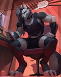 anthro black_nose bottomwear cellphone chair claws clothed clothed_anthro clothed_male clothing crossgender dialogue digitigrade electronics fluffy fluffy_tail ftm_crossgender fully_clothed fully_clothed_anthro fully_clothed_male furniture grey_hair hair holding_cellphone holding_object holding_phone holding_smartphone inner_ear_fluff legwear long_hair looking_at_viewer male muscular muscular_anthro muscular_male notched_ear on_chair phone red_eyes sharp_teeth shirt shorts sitting sitting_on_chair smartphone solo speech_bubble stockings tail tank_top teeth text toe_claws topwear tuft tagonkrat helluva_boss mythology loona_(helluva_boss) canid canid_demon canine demon hellhound mammal mythological_canine mythological_creature english_text hi_res