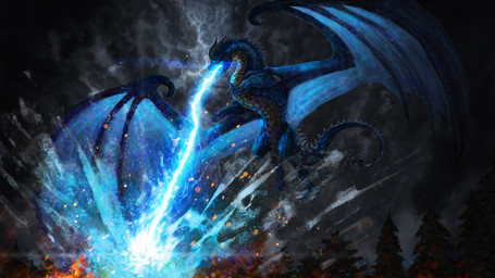 battle dramatic electricity fantasy feral fight forest krixus lightning plant storm thunder thunderstorm tree wings era-7 mythology black_storm dragon lizard mythological_creature mythological_scalie reptile scalie 16:9 4k absurd_res hi_res widescreen