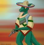 anthro clothing desert female gun handgun hat headgear headwear pistol ranged_weapon scarf solo sombrero weapon yellow_eyes mercrantos dungeons_and_dragons hasbro wizards_of_the_coast kobold scalie hi_res