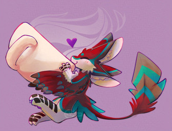 ambiguous_gender anthro blue_body blue_feathers container cup drinking eyes_closed feathers heart_symbol inner_ear_fluff multicolored_body red_body red_feathers solo steam tea_cup tuft white_body white_feathers zilluzion avali adversarial_noise hi_res