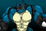 2012 5_fingers abs anthro big_muscles black_body black_fur blue_body blue_fur canid canine digital_drawing_(artwork) digital_media_(artwork) drgnalexia fingers fist fur generation_4_pokemon gradient_background head_tuft huge_muscles looking_at_viewer lucario male mammal muscular muscular_anthro muscular_male nintendo nipples pecs pokemon pokemon_(species) red_eyes simple_background solo spikes tuft yellow_body yellow_fur