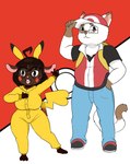 anthro clothing cosplay costume duo female hat headgear headwear looking_at_viewer male krustscrub gwen_geek nintendo pokemon gwen_martin pokemon_trainer red's_pikachu red_(pokemon) toshio_nakamura felid feline generation_1_pokemon mammal mouse murid murine pikachu pokemon_(species) rodent hi_res