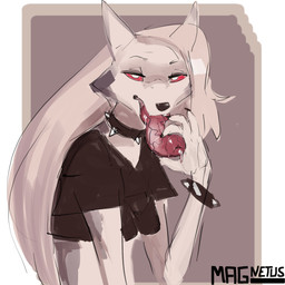 animal_genitalia animal_penis anthro bodily_fluids canine_genitalia canine_penis clothed clothing crop_top erection fur genital_fluids genitals gynomorph hair half-closed_eyes hand_on_penis intersex knot narrowed_eyes penis penis_tongue red_sclera shirt simple_background solo standing topwear unusual_anatomy unusual_genitalia_placement unusual_penis_placement white_body white_fur magnetus hellaverse helluva_boss mythology loona_(helluva_boss) canid canid_demon canine canis demon hellhound mammal mythological_canine mythological_creature 1:1 digital_media_(artwork) hi_res sketch