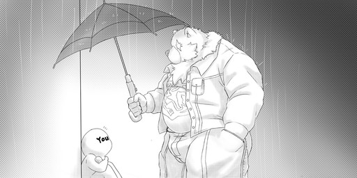 anthro belly big_belly bottomwear clothing duo humanoid_hands kemono male overweight overweight_male pants raining scar shirt sitting topwear umbrella gomdepp mihoyo zenless_zone_zero ben_bigger bear mammal 2022 hi_res monochrome