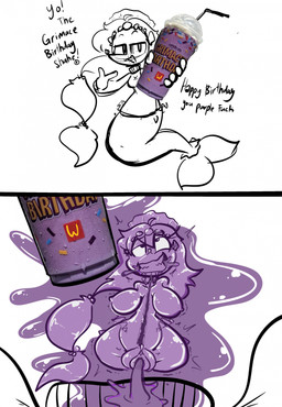 ambiguous_fluids amputee anthro anthro_to_inanimate before_and_after beverage breasts clenched_teeth clitoris clothing dialogue disability female genitals hair holding_beverage holding_object inanimate_transformation legless limb_regression looking_at_viewer looking_up mermaid_tail missing_all_arms missing_all_legs missing_all_limbs missing_arm missing_leg missing_limb nipples nude open_mouth profanity quadruple_amputee shirt shrinking simple_background size_transformation smile solo teeth text topwear transformation translucent translucent_body vulva pencil-arts grimace_shake mcdonald's nintendo pokemon generation_7_pokemon living_onahole pokemon_(species) primarina 2023 digital_media_(artwork) english_text hi_res meme