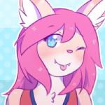 anthro blue_background blue_eyes blush clothed clothing female fur hair inner_ear_fluff long_hair looking_at_viewer multicolored_body multicolored_fur one_eye_closed pink_body pink_fur pink_hair shirt simple_background sleeveless_clothing solo tongue tongue_out topwear tuft two_tone_body two_tone_fur white_body white_fur wink espyfluff ventra domestic_cat felid feline felis mammal 1:1 bust_portrait low_res portrait thumbnail