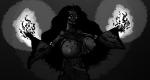 armlet big_breasts black_hair breasts clothing crown female glowing glowing_eyes glowing_hands hair headgear huge_breasts long_hair midriff nipple_outline not_furry solo tattoo torn_clothing thirty humanoid lich undead 2014 digital_media_(artwork) greyscale half-length_portrait monochrome portrait