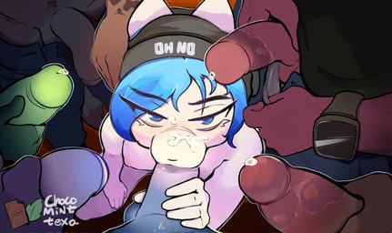 after_sex anthro bangs beanie beanie_only black_penis blue_eyes blue_hair bodily_fluids clock clothing crouching cum cum_on_face detailed_background eyeliner fellatio female gangbang genital_fluids genitals green_penis group group_sex hair hat hat_only headgear headgear_only headwear headwear_only holding_face looking_at_viewer makeup male male/female mostly_nude oral penile penis precum purple_penis red_penis rubbing_penis sex watch chocomint_texa zoe_(chocomint_texa) domestic_cat felid feline felis mammal hi_res