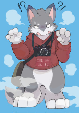 after_transformation ambiguous_gender anthro bag bottomless camera clothed clothing fur grey_body grey_fur partially_clothed photographer plushie-like satchel solo text white_body white_fur tinntira animate_inanimate canid canine canis living_clothing living_costume living_fursuit mammal wolf digital_media_(artwork) english_text hi_res translated