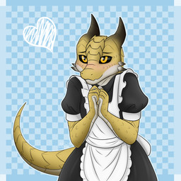 alternative_fashion anthro blush blush_lines clothing dress femboy goth gothic_lolita horn j-fashion lolita_(fashion) maid_uniform male scales solo spikes uniform lattelamb mythology nyaffy dragon hybrid lizard mythological_creature mythological_scalie reptile scalie 1:1 absurd_res hi_res
