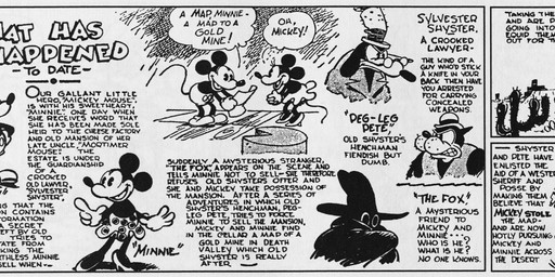 anthro bottomwear bowler_hat cheese clothed clothing cowboy_hat dairy_products dialogue eyewear feral fingers food footwear glasses gloves group gun handgun handwear hat headgear headwear high_heels open_mouth outside ranged_weapon shoes skirt tail text top_hat walking weapon floyd_gottfredson roy_nelson disney public_domain mickey_mouse minnie_mouse pegleg_pete pete_(disney) sylvester_shyster uncle_mortimer asinus canid canine canis domestic_cat domestic_dog donkey equid equine felid feline felis horse mammal mouse murid murine rodent 1930 20th_century absurd_res ancient_art english_text hi_res long_image wide_image