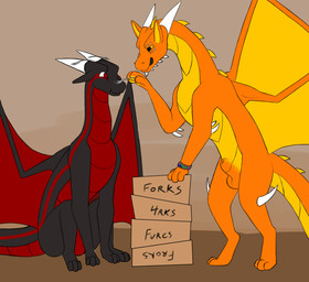 3_fingers 3_toes 4_fingers animal_genitalia balls cutlery digitigrade duo facial_spikes feet feral fingers fork fully_sheathed genitals horn kitchen_utensils male paws sheath sitting spikes spikes_(anatomy) tail toes tools wings sarek_aran_desian mythology dragon mythological_creature mythological_scalie scalie