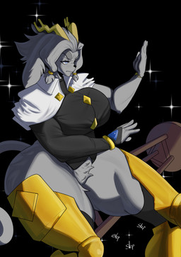 5_fingers accessory anthro antlers armwear big_breasts big_butt black_armwear black_clothing black_gloves black_handwear black_legwear bracelet breasts butt cloak clothed clothing crotch_tuft eyebrows featureless_crotch female fingerless_gloves fingers furniture gloves grey_eyes grey_hair hair hair_accessory hairband half-closed_eyes handwear horn huge_breasts huge_butt huge_thighs humanoid_hands jewelry legwear muscular muscular_anthro muscular_female narrowed_eyes onomatopoeia pantsless pose pupils solo sound_effects star stool text thick_eyebrows thick_thighs tight_clothing tuft white_cloak white_clothing wide_hips yellow_antlers yellow_clothing yellow_legwear nicoguer pseudoregalia sybil_(pseudoregalia) bovid caprine goat mammal 2025 absurd_res hi_res