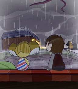 anthro black_bottomwear black_clothing blonde_hair blue_striped_dress blue_stripes bottomwear brown_clothing brown_hair brown_topwear brown_vest building clothed clothed_anthro clothed_female clothed_human clothed_male clothing cloud cloudy_sky dress duo ear_tuft female female_anthro fully_clothed fully_clothed_human fully_clothed_male fur grass grey_dress_shirt hair house light male male_human multicolored_clothing multicolored_dress multicolored_hair outside pattern_clothing pattern_dress plant raining rear_view red_nose red_striped_dress red_wall short_hair sitting_on_wall sky stone_floor striped_clothing striped_dress stripes tan_body tan_skin topwear tree tuft two_tone_hair vest wall_(structure) water wet_hair white_clothing white_dress yellow_body yellow_fur cookieboy011 animal_crossing nintendo alice_(animal_crossing) villager_(animal_crossing) human koala mammal marsupial vombatiform 2020 animated colored digital_media_(artwork) english_description lighting shaded short_playtime story story_in_description