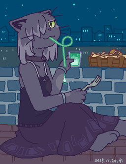 4_fingers anthro barefoot basket beverage black_body black_bottomwear black_clothing black_fur black_hair black_nose black_shirt black_skirt black_topwear bottomwear breasts brick_floor brick_wall cat_smile cheek_spots city city_background clothing collar container cup detailed_background drinking_straw eyebrows eyeshadow feet female female_anthro fingers food fur green_eyes hair hair_over_eye half-closed_eyes highlights_(coloring) holding_container holding_cup holding_fork holding_object long_skirt makeup multicolored_hair narrowed_eyes night pattern_bottomwear pattern_clothing pattern_skirt picnic_basket pupils sandwich_(food) shirt silly_straw skirt sky slit_pupils small_breasts smile smiling_at_viewer solo star starry_sky topwear wall_(structure) whiskers daisuke_amaya choco_grayson domestic_cat felid feline felis mammal 2025 dated hi_res signature