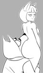 anthro anthro_on_anthro arm_around_leg big_breasts big_butt big_eyes big_mouth_(anatomy) biped bite bob_cut breasts bubble_butt butt butt_bite butt_pose clothed clothed/nude clothed_anthro clothed_male clothing curved_eyebrows dark_nose duo eyebrow_through_hair eyebrows fangs female grey_background hair half-closed_eyes head_turned huge_butt interspecies looking_at_viewer looking_back looking_back_at_viewer male male/female mouth_closed narrowed_eyes nipples nose_size_difference nude nude_anthro nude_female outline pointy_ears pose prick_ears short_hair simple_background small_nose smile smiling_at_viewer smirk smirking_at_viewer smug standing teeth thick_thighs thin_eyebrows topwear translucent translucent_hair white_outline wide_hips gold-white-kott takena_nagao pussycat_(takena_nagao) canid canine canis domestic_cat felid feline felis mammal wolf 2023 digital_drawing_(artwork) digital_media_(artwork) hi_res monochrome