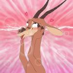 1:1 abstract_background absurd_res ahegao antelope anthro blush bodily_fluids bovid brown_body brown_eyes brown_fur chico_(fuel) eye_roll fur gazelle heart_symbol hi_res horn looking_pleasured mammal nemonutkin nude pink_background simple_background solo sweat sweatdrop tongue tongue_out