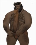 anthro asian_clothing beard bite black_nose body_hair bottomwear brown_body bulge chest_hair chest_tuft clothed clothing dressing east_asian_clothing facial_hair fundoshi fundoshi_only genital_outline japanese_clothing loincloth male nipples overweight overweight_male simple_background solo standing topless tuft underwear underwear_only white_background rossciaco canid canine mammal hi_res