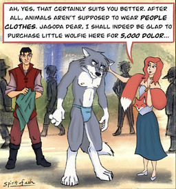 4_fingers 4_toes anthro black_hair black_nose blue_eyes bottomwear brown_hair city clothed clothed_anthro clothed_male clothing degradation dialogue feet female fingers fur grey_body grey_fur group hair humanoid_hands humiliation loincloth male multicolored_body multicolored_fur navel nipples public public_exposure shirt slave slave_sale speech_bubble tail text toes topless topless_anthro topless_male topwear trio two_tone_body two_tone_fur white_body white_fur spiritofash andreas_(spiritofash) canid canine canis human mammal wolf english_text hi_res