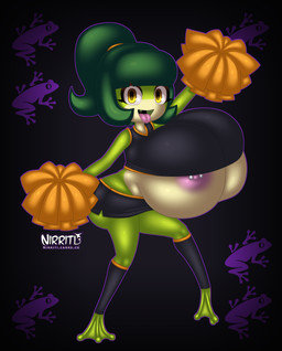 amber_eyes anthro areola barbell_piercing big_breasts big_butt bottomwear breasts butt cheerleader cheerleader_outfit cheerleading_pose cleavage clothed clothing curvy_figure eyelashes female green_body green_hair green_skin hair hooves hourglass_figure huge_breasts leg_warmers legwear long_eyelashes looking_at_viewer miniskirt multicolored_body nipple_piercing nipple_slip nipples open_mouth piercing pink_nipples pom_poms ponytail shirt skirt slipping_out solo spandex spandex_clothing tank_top tight_clothing tongue tongue_out topwear two_tone_body under_boob underhoof wide_hips nirriti amphibian amphibian_humanoid animal_humanoid frog frog_humanoid humanoid 2026 absurd_res digital_drawing_(artwork) digital_media_(artwork) hi_res shaded