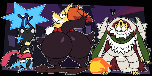 anthro ass_clapping big_breasts big_butt blush breasts butt crossed_arms female group half-closed_eyes huge_butt inner_ear_fluff looking_at_butt looking_at_viewer looking_back male multicolored_body narrowed_eyes nude shaking_butt side_boob thick_thighs trio tuft twerking two_tone_body upside_down wide_hips luanctoons nintendo pokemon generation_9_pokemon mega_chesnaught mega_delphox mega_evolution mega_greninja pokemon_(species) animated hi_res loop