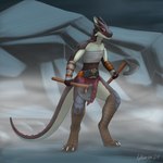 anthro armor axe bandage bandaged_arm bandaged_leg belt female long_tail scales solo tail aydaharart artfight2024 kobulba_(slavanich) kobold scalie 1:1 absurd_res hi_res