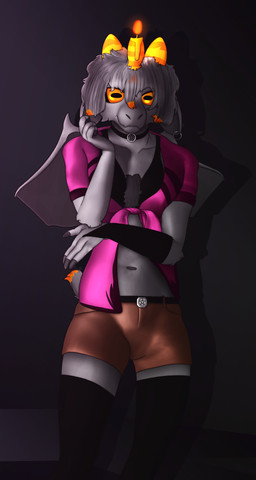 alternate_form anthro black_bra black_clothing black_fingerless_gloves black_gloves black_handwear black_legwear black_sclera black_thigh_highs black_underwear body_hair bottomwear bra candle_on_head chest_hair choker clothed clothing fingerless_gloves fingers fur gloves grey_body grey_fur hair handwear hooved_fingers hooves horizontal_pupils horn jewelry legwear male necklace orange_eyes orange_horn pupils purple_clothing purple_topwear shorts solo tail tan_bottomwear tan_clothing tan_shorts thigh_highs topwear underwear wings conditional_dnp gusta gusta_(gusta) bovid caprine caprine_demon demon goat_demon mammal hi_res