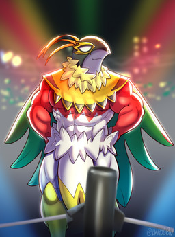 abs anthro barazoku biped blurred_background detailed_background feathers fighting_ring front_view green_body green_feathers inside looking_at_viewer male multicolored_body muscular muscular_anthro muscular_male orange_body orange_feathers pose red_body smile solo spotlight standing text white_body darolion nintendo pokemon pokemon_legends_z-a generation_9_pokemon mega_evolution mega_hawlucha pokemon_(species) 2025 artist_name colored hi_res shaded
