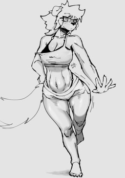 5_fingers 5_toes anthro barefoot big_breasts biped bottomwear bra breasts cleavage clothed clothing feet female fingers floppy_ears folded_ears front_view fully_clothed hotpants humanoid_hands midriff motion_lines navel off_shoulder one_leg_up raised_leg shorts snout solo standing tail text thong_straps toes underwear alihsart canid canine canis domestic_dog mammal artist_name digital_drawing_(artwork) digital_media_(artwork) greyscale hi_res monochrome signature sketch