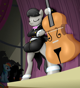 audience big_teats black_clothing black_hair blue_body bow_tie bowed_string_instrument cello clothed clothing crotch_breasts curtains eyelashes female grey_body group hair hooves musical_instrument on_stage playing_music public semi-anthro solo_focus string_instrument style_emulation teats flashequestria friendship_is_magic hasbro my_little_pony octavia_(mlp) rainbow_dash_(mlp) equid equine mammal absurd_res hi_res