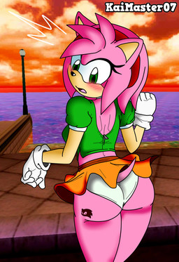 anthro big_butt blush bottomwear butt clothed clothing exhibitionism female fur gloves green_clothing green_eyes green_shirt green_topwear handwear miniskirt orange_bottomwear orange_clothing orange_skirt panties pink_body pink_fur rear_view screencap screencap_background shirt skirt solo standing sunset tail tail_under_skirt tattoo tight_clothing tight_shirt tight_topwear tight_underwear topwear underwear white_clothing white_panties white_underwear flame-lonewolf thekaimaster07 sega sonic_adventure sonic_the_hedgehog_(series) amy_rose eulipotyphlan hedgehog mammal hi_res