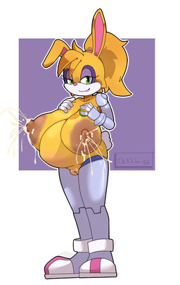 anthro areola big_areola big_breasts big_nipples biped bodily_fluids breasts closed_smile cybernetic_arm cybernetic_leg cybernetic_limb cybernetics female front_view fur genitals green_eyes hair half-closed_eyes huge_areola huge_breasts huge_nipples humanoid_genitalia humanoid_vulva hyper hyper_areola hyper_nipples lactating looking_at_viewer machine medium_hair mouth_closed narrowed_eyes nipples pink_nose ponytail pregnant pregnant_anthro pregnant_female scut_tail short_tail simple_background smile solo standing tail tan_body tan_fur tan_hair vulva nanuna sega sonic_the_hedgehog_(series) bunnie_rabbot cyborg lagomorph leporid mammal rabbit 2026