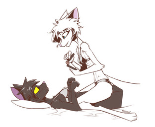 4_toes 5_fingers anthro anthro_on_top applying_makeup biped black_body black_bra black_clothing black_fur black_hair black_panties black_underwear blue_eyes bra breasts clothed clothed_anthro clothed_female clothing digitigrade duo eye_contact eyeliner feet female female/female female_anthro female_on_top fingers fluffy fur grey_bra grey_clothing grey_underwear hair looking_at_another makeup messy_hair navel on_top panties personal_grooming pillow pink_nose short_hair simple_background slim slim_anthro slim_female small_breasts toes underwear underwear_only white_background white_body white_fur white_hair white_sclera yellow_eyes yellow_sclera gatonejo mono_(gatonejo) teresa_desalvo_(gatonejo) domestic_cat felid feline felis mammal 2025 absurd_res hi_res signature