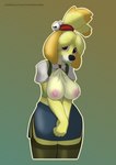 animal_crossing anthro areola big_breasts black_nose blouse bottomwear breasts brown_eyes canid canine canis ceyemeka clothing domestic_dog exposure_variation female fur green_lipstick hi_res isabelle_(animal_crossing) legwear lipstick makeup mammal nintendo nipples secretary shih_tzu skirt smile solo stockings topwear toy_dog yellow_body yellow_fur