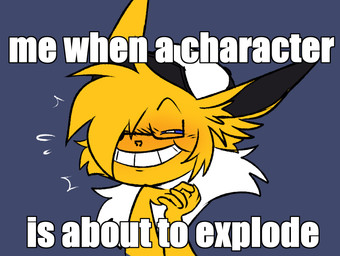 blonde_hair blue_background blue_eyes evil_grin fur hair humor simple_background smile teasing teasing_viewer text white_cap yellow_body yellow_fur xxwolf_buttxx nintendo pokemon jolt_(xxwolf_buttxx) eeveelution generation_1_pokemon jolteon pokemon_(species) 2024 english_text impact_(font) meme reaction_image