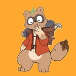 4_fingers anthro biped black_nose brown_body clothed clothing eyes_closed fingers humanoid_hands kemono navel simple_background solo tinntira canid canine mammal raccoon_dog tanuki 1:1 2021 hi_res