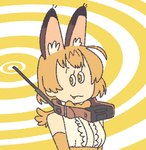 ahoge antenna_wire armwear big_collar big_ears blonde_hair bow_tie clothed clothing collar ear_tuft ears_up elbow_gloves electronics eyebrows eyelashes fangs female frilly frilly_clothing geometric_background gloves hair handwear mouth_closed orange_eyes radio_collar raised_eyebrow simple_background small_fangs solo teeth tuft yellow_background farfin kemono_friends serval-chan animal_humanoid felid felid_humanoid feline feline_humanoid humanoid mammal mammal_humanoid serval_humanoid digital_media_(artwork)