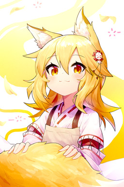 animal_ears apron asian_clothing blonde_hair blush clothing dipstick_tail east_asian_clothing female hair holding_tail inner_ear_fluff japanese_clothing kimono markings orange_eyes solo tail tail_markings tuft pppppggggg senko-san animal_humanoid canid canid_humanoid canine canine_humanoid fox_humanoid humanoid mammal mammal_humanoid absurd_res hi_res