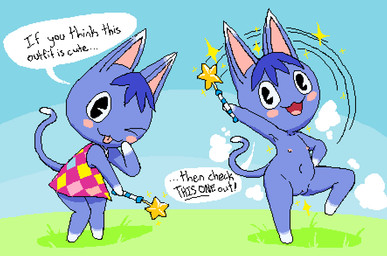 accident accidental_exposure anthro arms_bent bent_leg big_eyes big_head biped black_text blue_body blue_fur blue_hair blue_sky blush blush_stickers chibi clitoris clothed clothed_anthro clothed_female clothing cloud_emanata detailed_background dialogue dipstick_ears dipstick_tail dress ear_markings ellipsis emanata exclamation_point featureless_feet featureless_hands feet female female_anthro flat_chested fur genitals gloves_(marking) grass hair hand_on_face hand_on_hip happy holding_object holding_wand leg_markings magic_user magic_wand markings multicolored_body multicolored_ears multicolored_fur navel nipples noseless nude nude_anthro nude_female oblivious one_eye_closed one_leg_up open_mouth outside pink_clothing pink_dress pink_nipples plant pose raised_arm raised_leg sky socks_(marking) solo sparkles standing tail tail_markings talking_to_viewer text tongue tongue_out vulva wardrobe_malfunction white_speech_bubble wink young young_anthro young_female grorby animal_crossing nintendo rosie_(animal_crossing) domestic_cat felid feline felis mammal 2025 aliasing digital_media_(artwork) english_text pixel_(artwork) sequence shaded