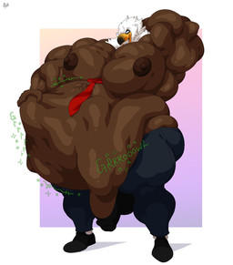 abdominal_bulge anthro beak biceps big_muscles big_pecs body_outline bottomwear bow_tie brown_body butt calf_muscles clothed clothing digestion digestion_noises duo feathers footwear genital_outline hand_behind_head holding_stomach hyper hyper_abdominal_bulge male muscular muscular_anthro muscular_male nipples onomatopoeia pants pecs quads red_bow_tie rumbling_stomach shoes sinister_smile sound_effects text topless topless_male vore white_body white_feathers bobthetanuki accipitrid accipitriform avian bird eagle hi_res