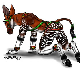 accessory all_fours anthro balls bell bow_(feature) bow_accessory bow_ribbon brown_body brown_fur butt fingers fur furgonomics genitals green_eyes harness hooved_fingers hooves horn male nude ossicone ribbons simple_background solo stripes tail tail_accessory tail_bow tail_ribbon tail_tuft tuft white_background white_body white_fur hazard giraffid mammal okapi